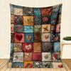 Vintage Patchwork Flannel Blanket, Boho Floral & Heart Pattern Throw, Soft Cozy For Bohemian Home Decor, Warm Sofa Couch Gift