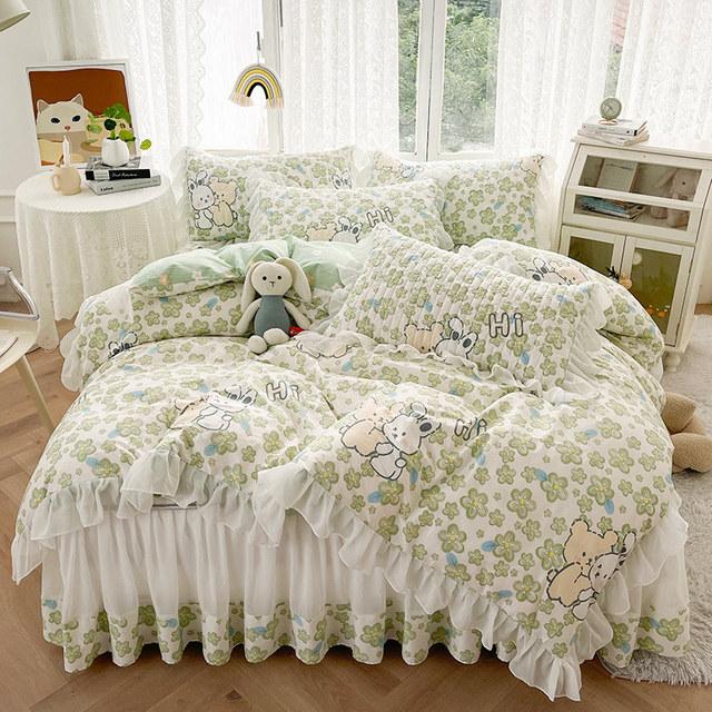 LELVA Shabby Chic Duvet Cover Set Queen - 4 Piece, Cotton, Ruffle Lace, Khaki, Includes Bed Skirt