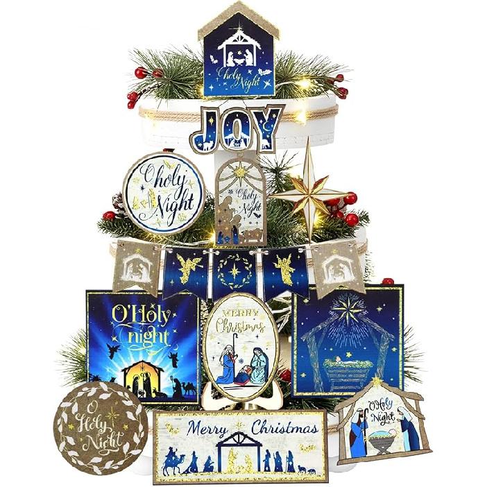 Nativity Religious Christmas Tiered Tray Decor, O Holy Night Tray Decor, Holiday Wooden Jesus Christian Xmas Kitchen Table Shelf Decorations O Holy Night
