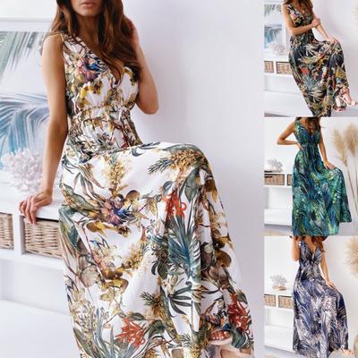 Vestido Casual Cuello en V Jersey Espalda Descubierta Estampado de Hojas Largo para Citas