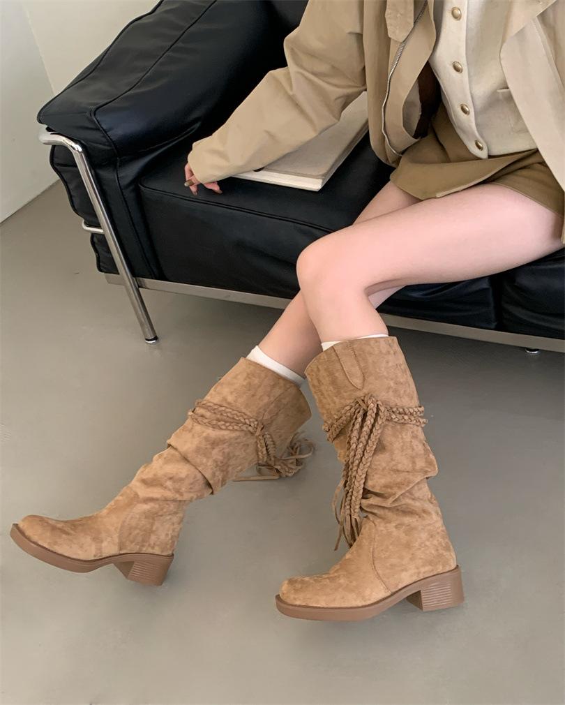 

Женские ботинки на толстой подошве, в стиле ретро, рыцарские ботинки, матовые, с бахромой, из пеньковой веревки, на толстом каблуке, полусапожки 39 хаки