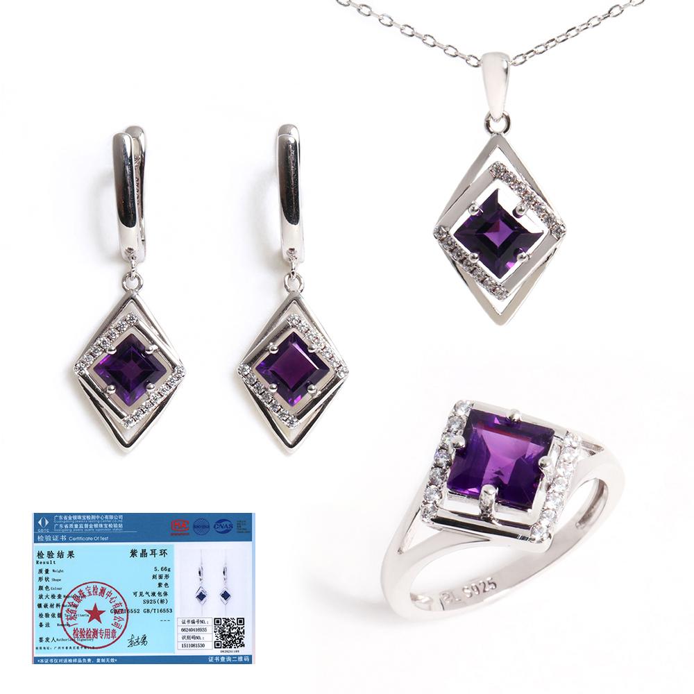

Кольцо, серьги, ожерелье с подвеской из натурального африканского аметиста, комплект ювелирных изделий из серебра 925 пробы для женских юбилеев, свадеб и банкетов US RING SIZE:8# фиолетовый