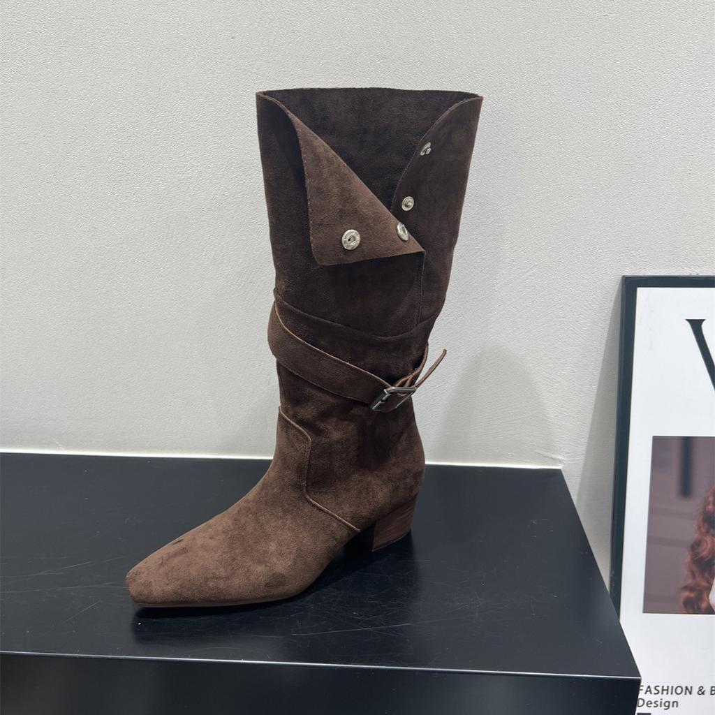 High Heel Suede Pointed Pile Boots Medium Knight Boots Women's Boots 2025 Autumn/Winter Brown Long Skinny Boots