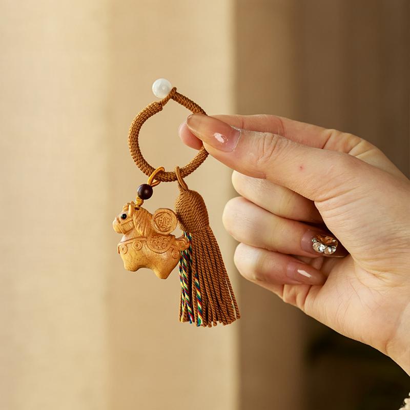 Creative Wooden Mascot Pony Tassel Keychain Zodiac Horse Pendant Backpack Hanging Decoration New Year Souvenir Gift