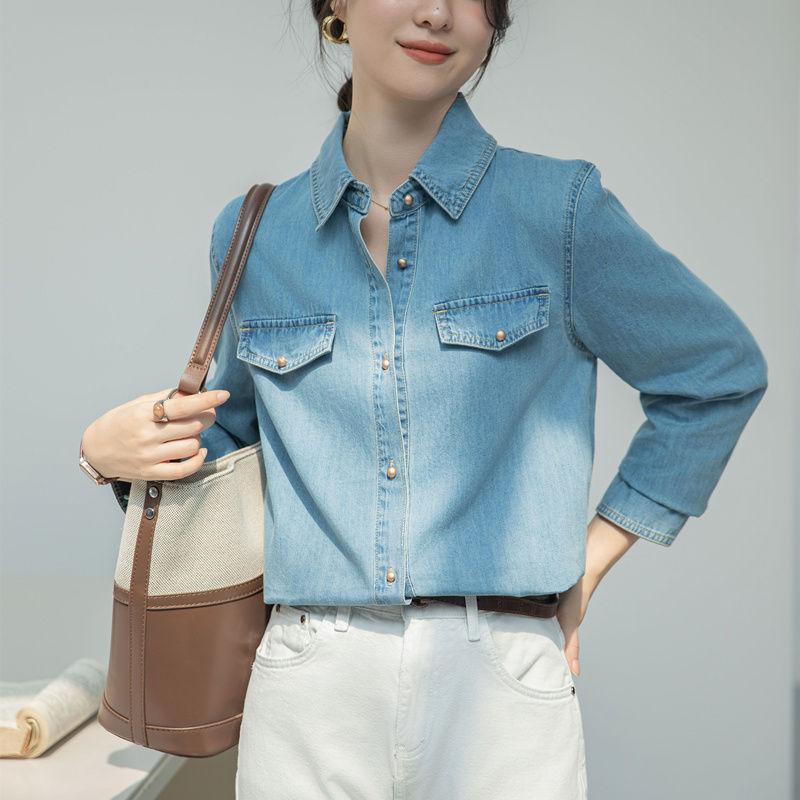 

Spring and Autumn Denim Shirt Design Retro New Loose Long Sleeve Casual Versatile Tops Shirt S синий