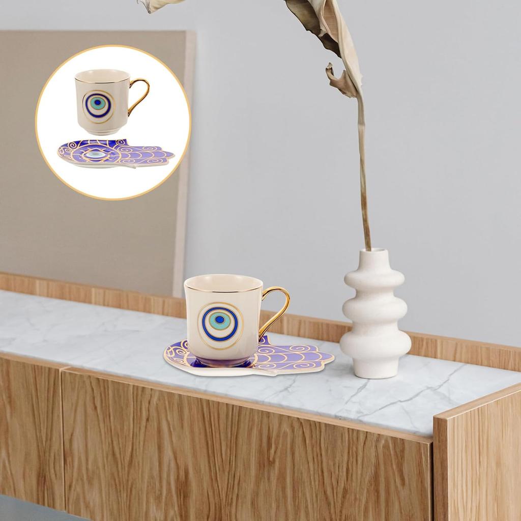 Kichvoe Evil Eye Coffee Mug Set Tea Cups and Saucers Turkish Blue Eye Espresso Cup Water Milk Drinking Cup with Ceramic Hamsa Hand Saucer Candy Plate