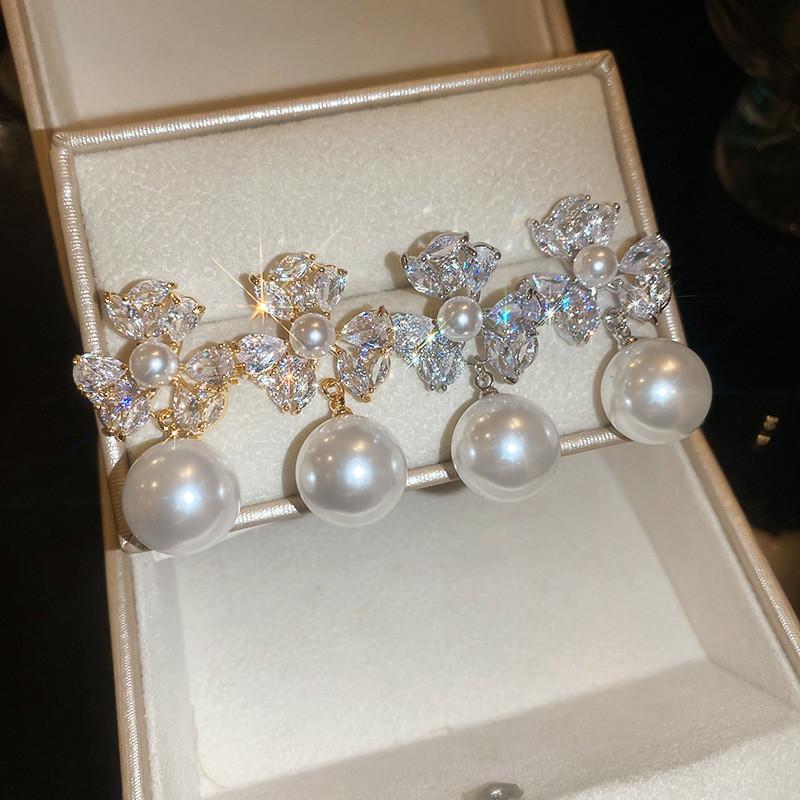 Elegant Floral Silver Plated Zircon Pearl Dangle Earrings For Women Home Party Wear