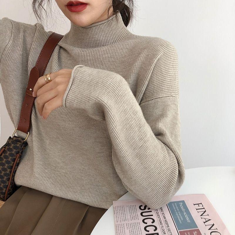 

Half Turtleneck Sweater for Women In Autumn and Winter Solid-color Casual Long-sleeved Pullover Loose Knitted Sweater Top S хакі