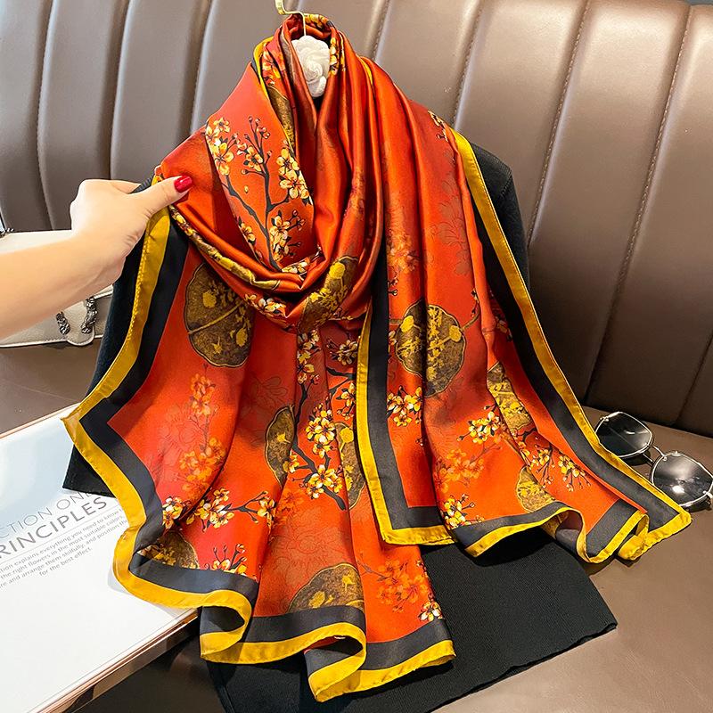 Spain Fashion Brand Women Silk Scarf Luxury Floral Stain Pashmina Shawls and Wraps Foulard Femme Bufandas Beach Hijab 180*90Cm