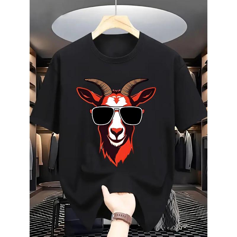 European Size Men'S Summer Fashion Casual T-Shirt, Crew Neck with Slight Stretch, Knit Fabric, Regular Fit, Print Goat Head with Glasses Pattern