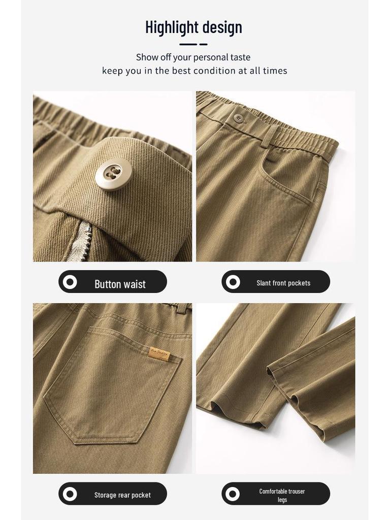 Men's All-Cotton Elastic Waist Wide-Leg Casual Pants - Solid Color, Floor-Length, Autumn Style