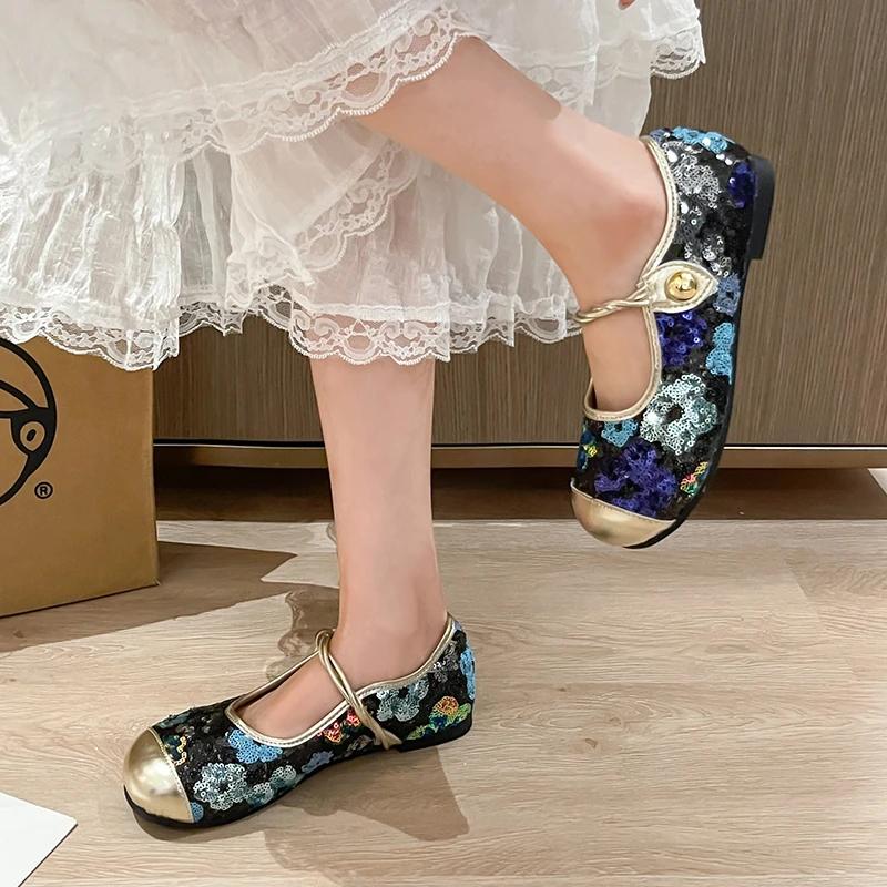 Fashion Dance Performance Shoes Round Toe Fashion Girls Princess Shoes with Sparkling Sequins 2024 New Flat Shoe Soft Sole