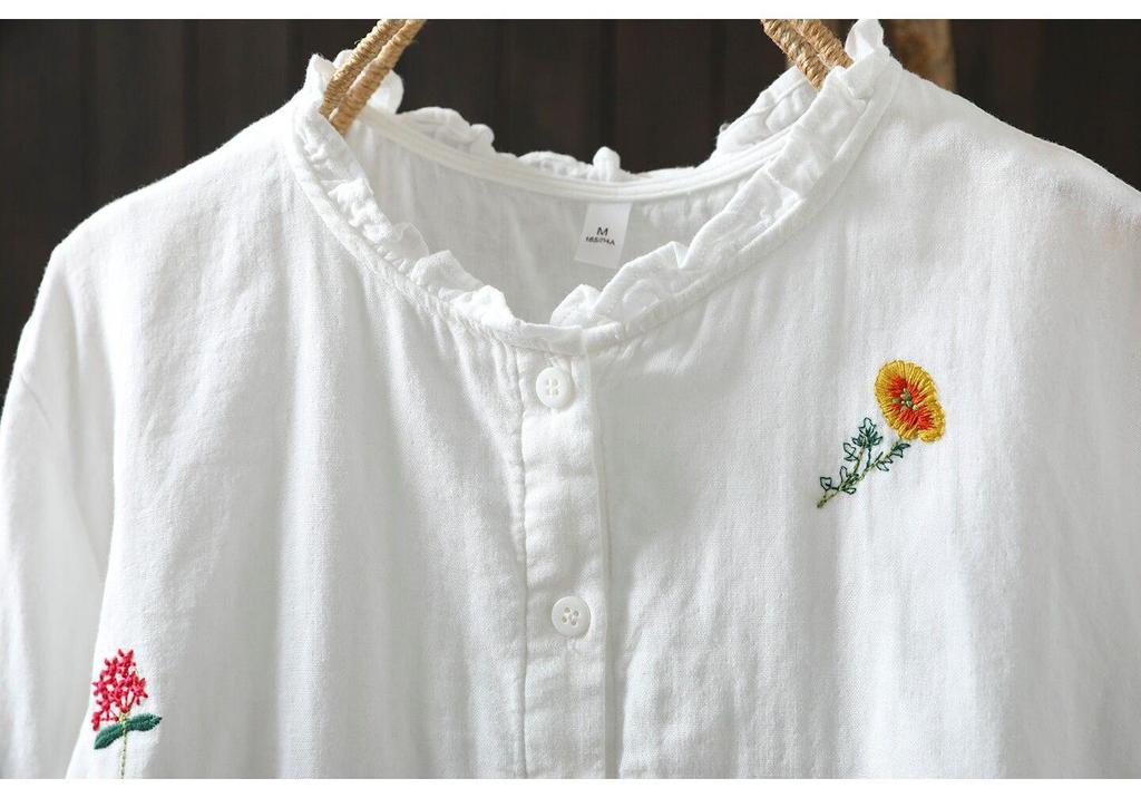 Spring/Summer 2026 Women's Embroidered Cotton Linen Cardigan with Ruffled Collar and Long Sleeves.