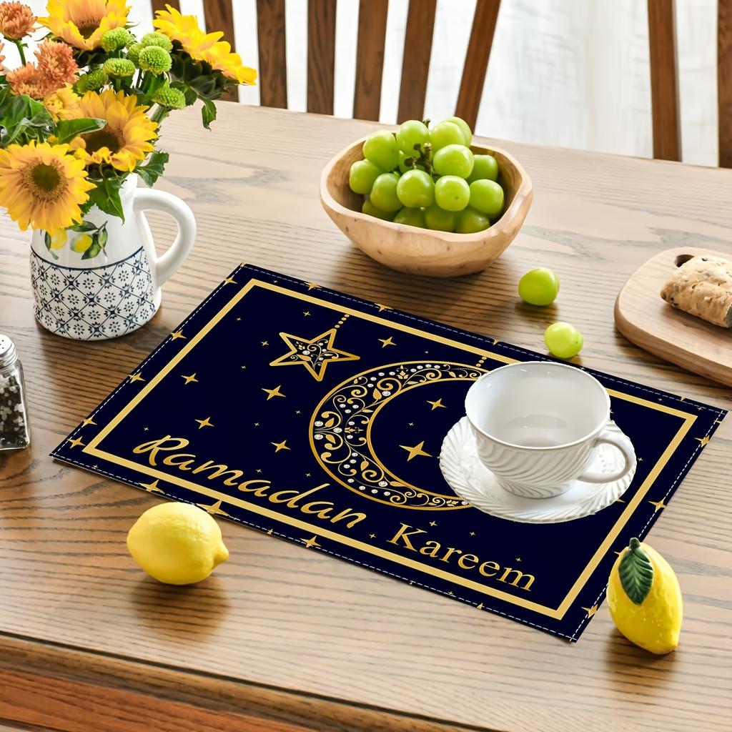 4/6pcs Black Golden Moon And Stars Lantern Placemats for Eid Mubarak Blessing, Seasonal Everyday Holiday Decor for Home Kitchen Restaurant Party