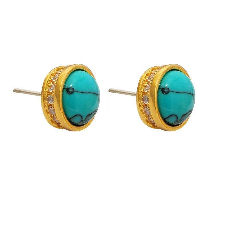 Fashion Light Luxury Retro Imitation Turquoise Stud Earrings, Simple and Versatile Temperament Earrings for Women