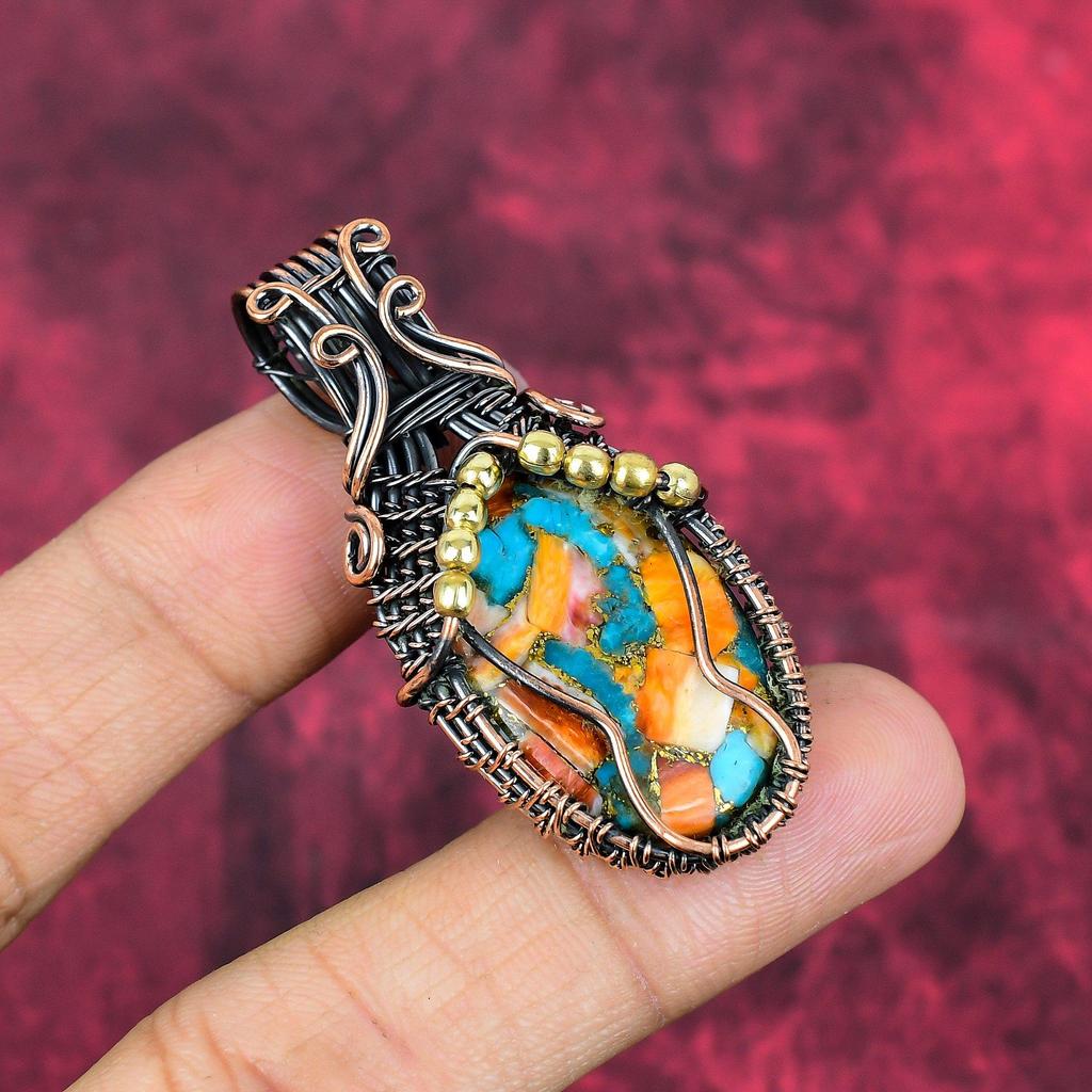 Spiny oyster copper turquoise pendant copper wire wrapped Jewelry natural gemstone pendant copper jewelry gifts for mother handmade jewelry