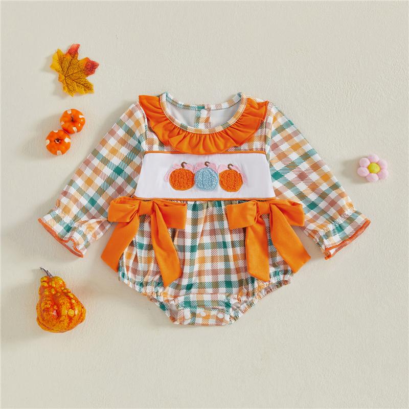 

Baby Girls Rompers Halloween Clothes Pumpkin Embroidery Plaid Long Sleeve Jumpsuits 0-3M