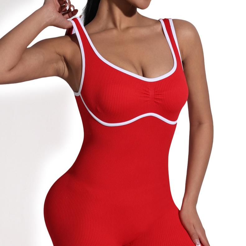 Spring summer Gym Jumpsuit V-neck contrasting Woman Tracksuit yoga clothes women's seamless U-shaped outdoor running fitness suit Workout Sportswear