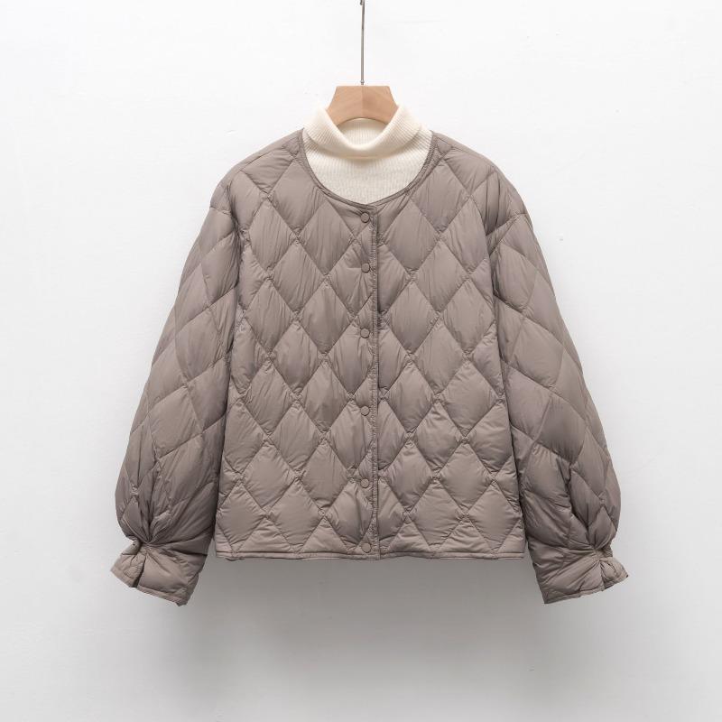 

Autumn and winter new down jackets women s light and short rhombus grid round neck duck down jacket L кофейный