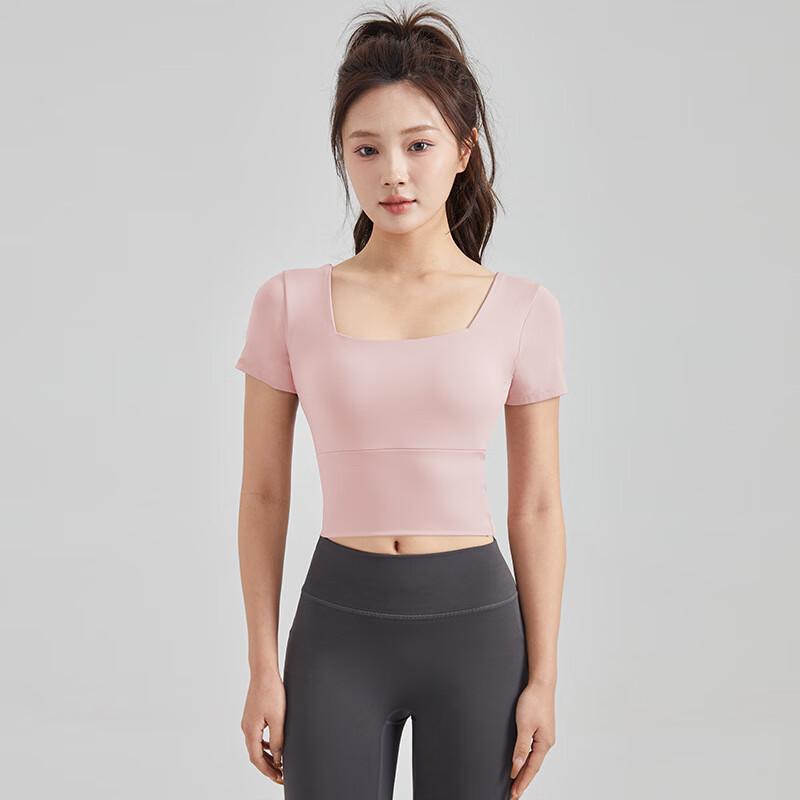 OEING Square Neck Yoga Short Sleeve Fitness Top with Built-in Bra
