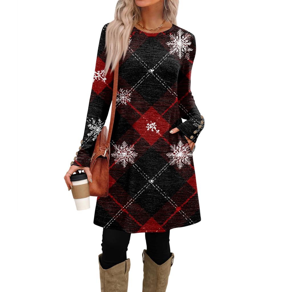 Rochie Casual de Damă la Modă cu Buzunare, Nasturi Decorativi, Imprimeuri de Crăciun, Gât Rotund și Mâneci Lungi