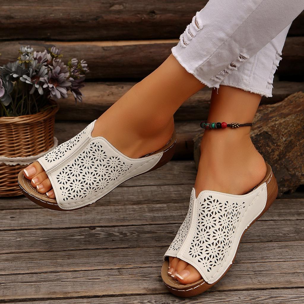 Summer Women's Large Size Round Head Retro Solid Color Sandals Hollow Sewing Line Wedge Sandals