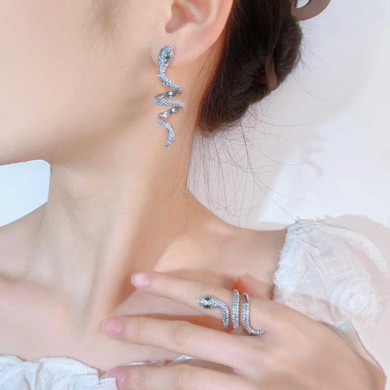 Huayei Jewelry Set Accessories Earrings Ring Serpentine Design High Sense Light Luxury Super Flash Zircon Women