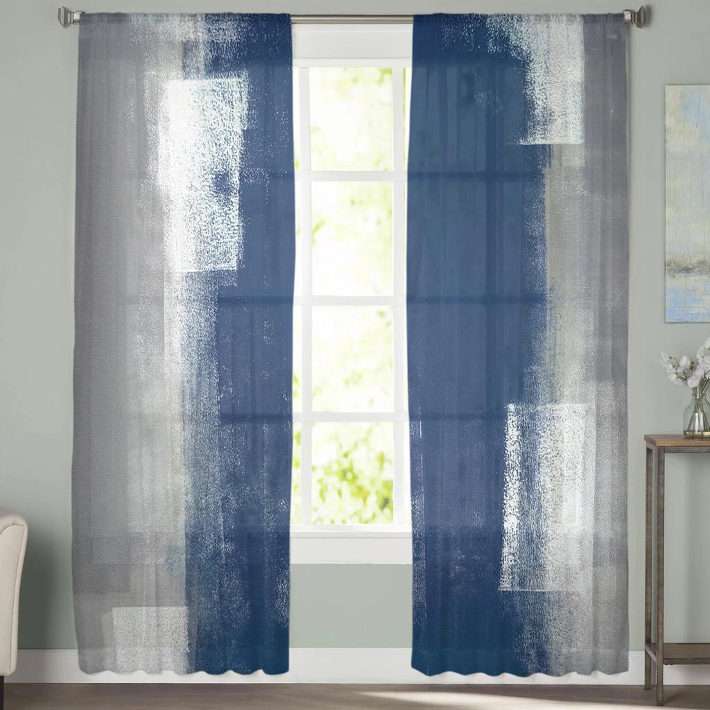 Blue Gray Abstract Art Texture Voile Sheer Curtains Living Room Window Chiffon Tulle Curtain Kitchen Bedroom Drapes Home Decor