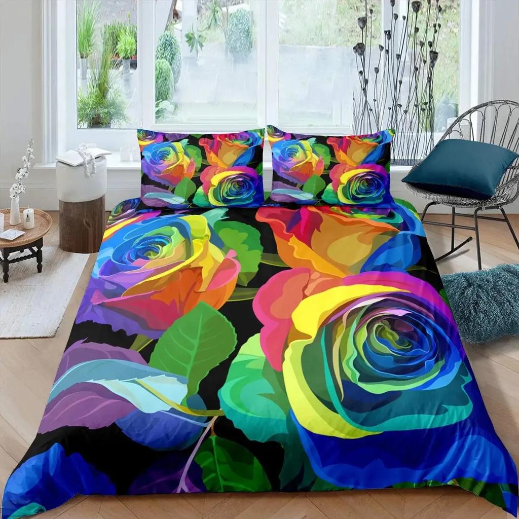 Girls Rainbow Rose Duvet Cover Set Colorful Rose Floral Bright Flowers Petal Comforter Cover Garden Fresh Bedding Sets Full Size