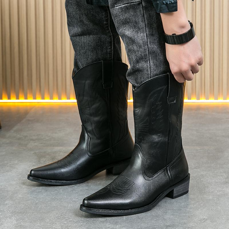 Fashion Cowboy Boots Men Black Brown Wooden Sole Embroidered Mid Leg Knight Boots Western Chelsea Boots Size 38-46 Men Boots