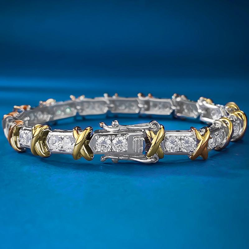 

Xiancan Jewelry S925 Silver Gold-Plated XO Diamond Two-Tone Bracelet - Retro European & American Style 16 cm
