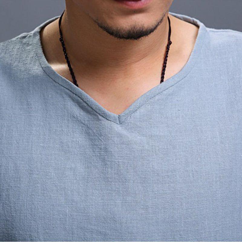 Shirt Mens Loose Long Sleeve V Neck Cotton Linen T Shirts Vintage Tops Blouse