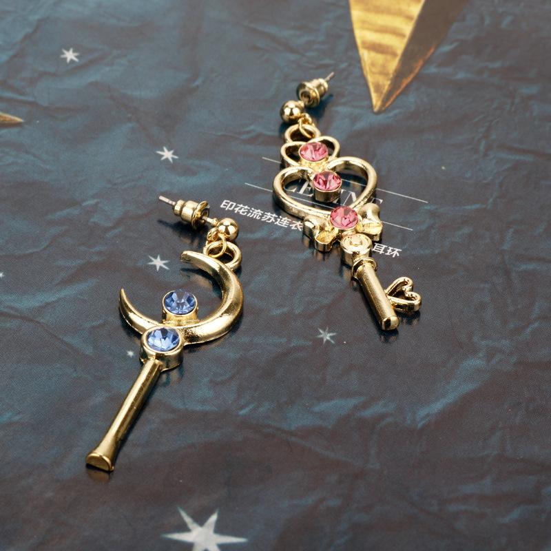 Girl Warrior Key Moon Love Earrings, Long Asymmetric Earrings, Girl Heart Anime Earrings Accessories