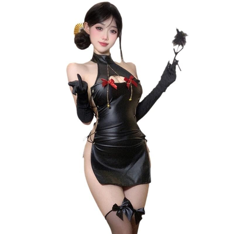 Dark Miniskirt Butterfly Chain Imitation Leather Side Split Elastic Sexy Neck Hollow Chest Woman