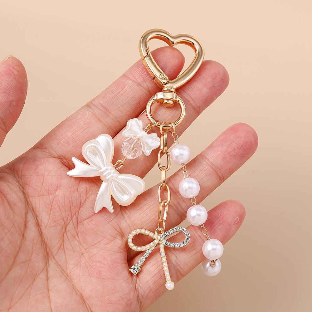 Cute Bowknot Love Heart Keychain Simulation Pearl Keyring Pendants for Women Girls Handbag Decor DIY Handmade Key Chain Gifts