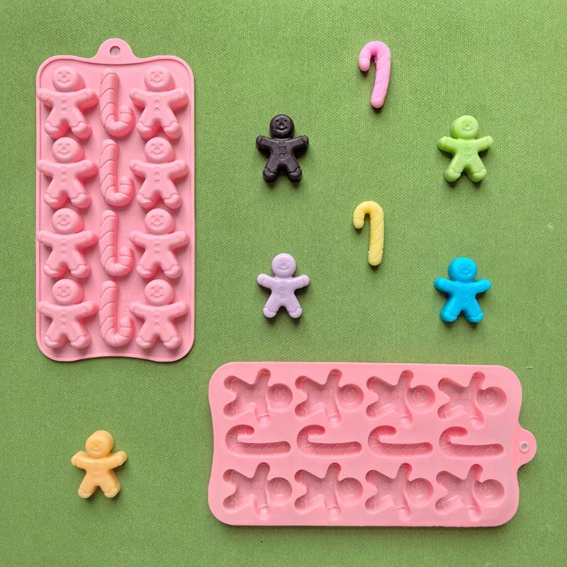 1pc 12 hole gingerbread man, cane shaped silicone mold, used for DIY candy, chocolate, cake decoration baking molds