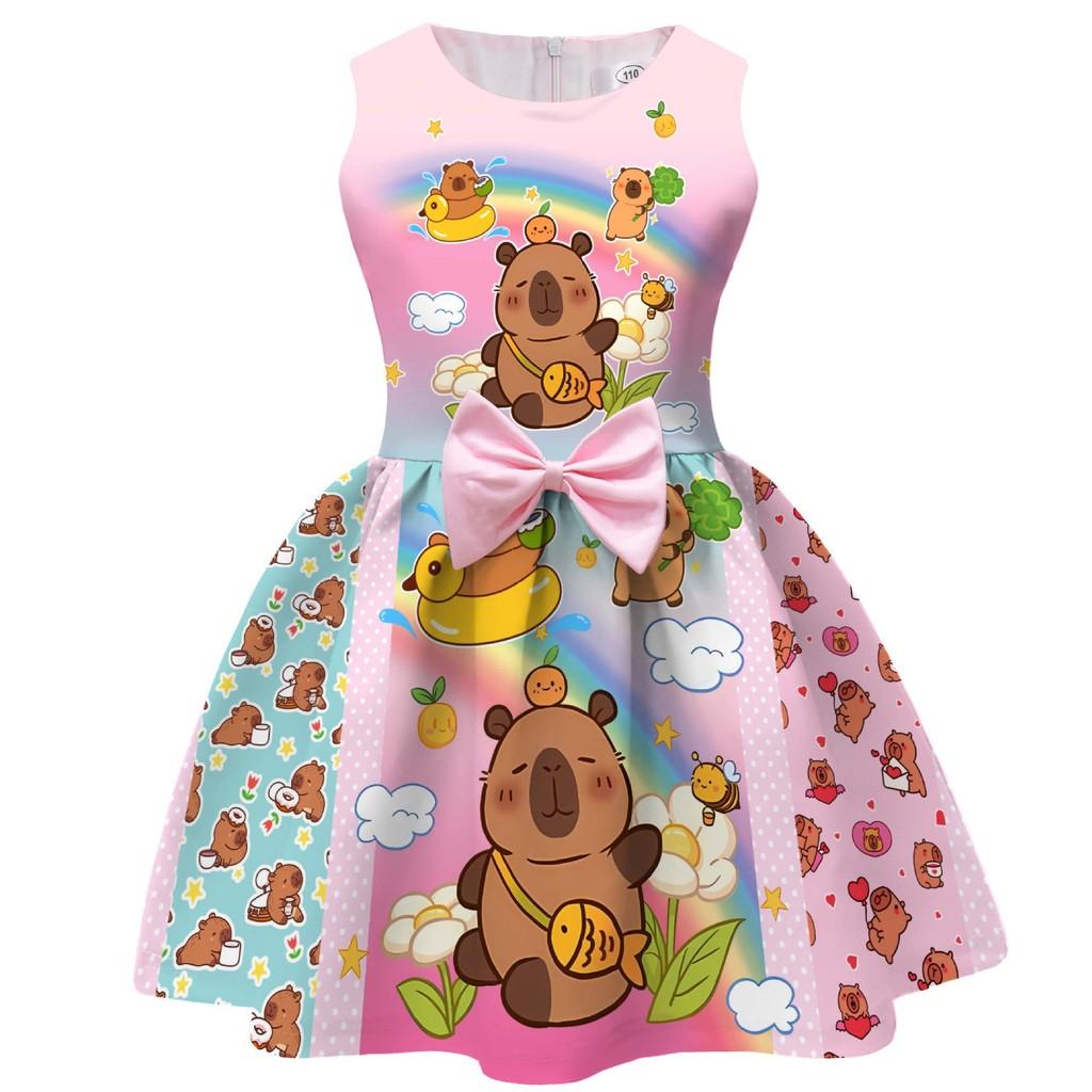 

Bow Pattern Capybara Girl Dress With Sleeveless For Kids Clothing Fashion Gift 100cm
