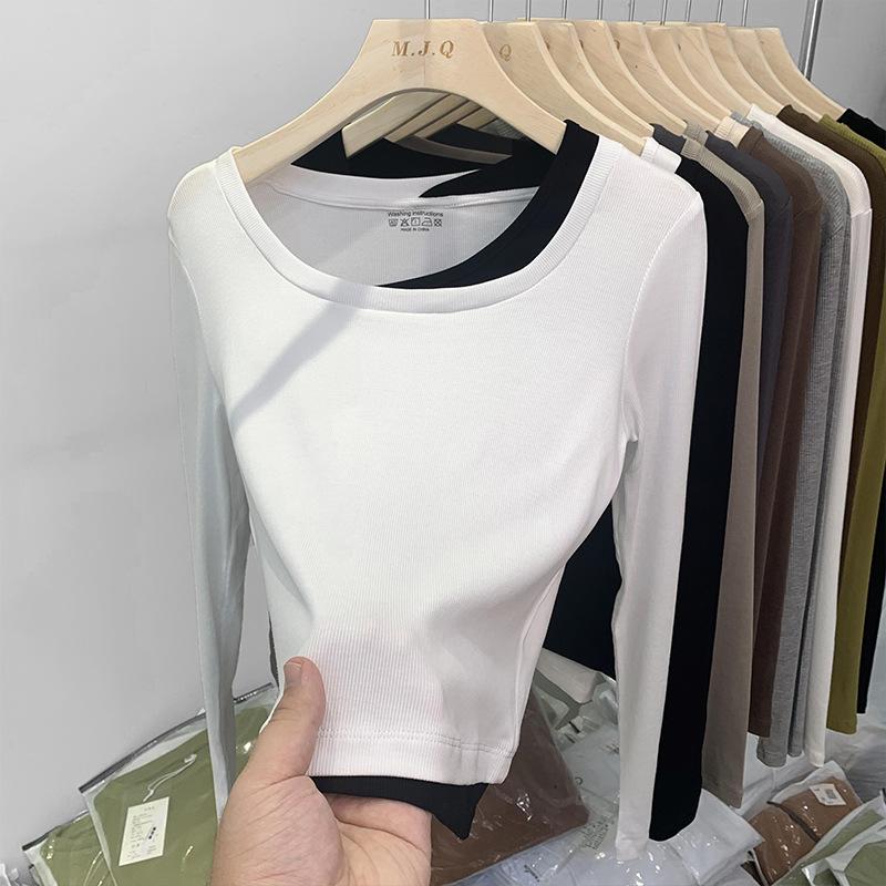 Amerikanisches kontrastierendes Fake-Zweiteiler T-Shirt mit quadratischem Kragen und langen Ärmeln für Damen Frühling und Herbst Neu Slim Fit Innenliegendes Unterhemd Top