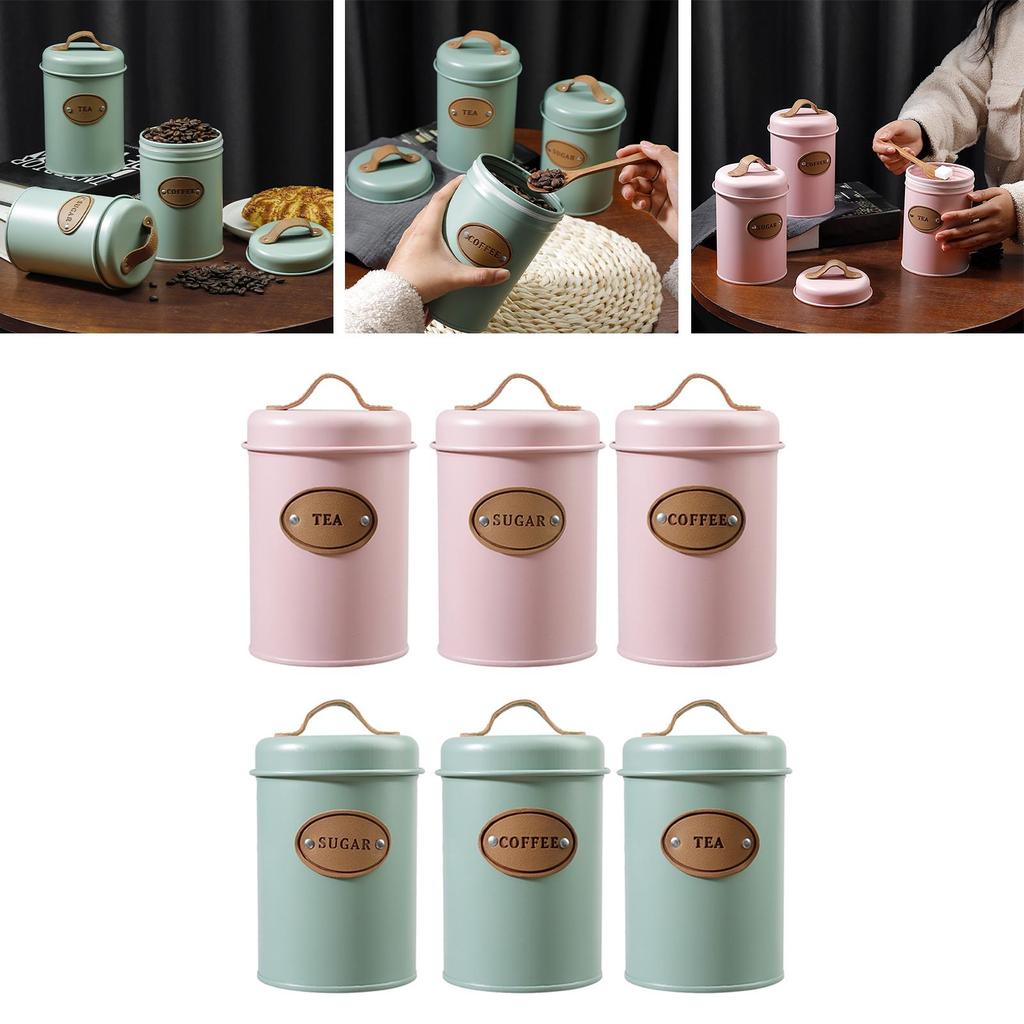 3Pcs Tea Coffee Sugar Canisters with Handle Seal Lid Can Tin Countertop