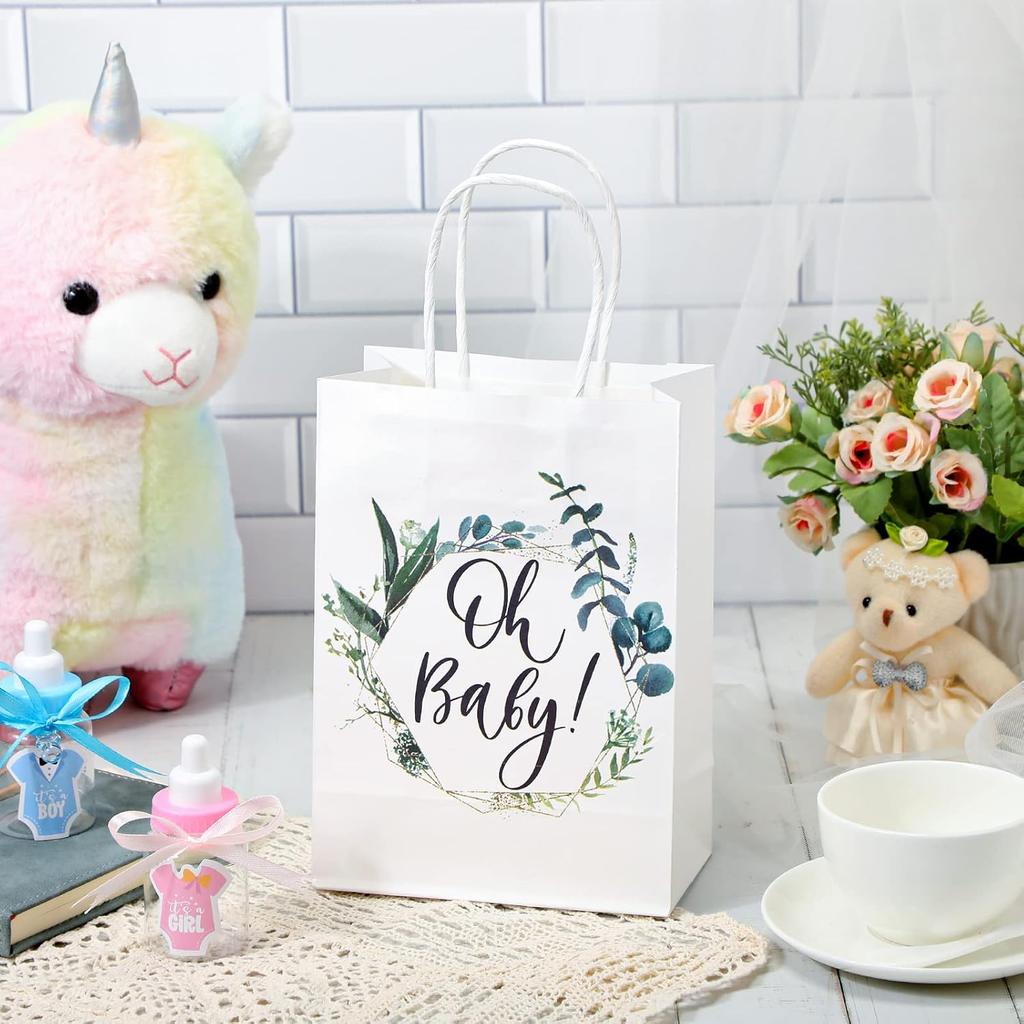 Fumete 50 Pcs Baby Shower White Paper Bags Bulk with Handles Greenery Eucalyptus Paper Bags Greenery Paper Goodie Bag Gift Wrap Bag for Baby Shower