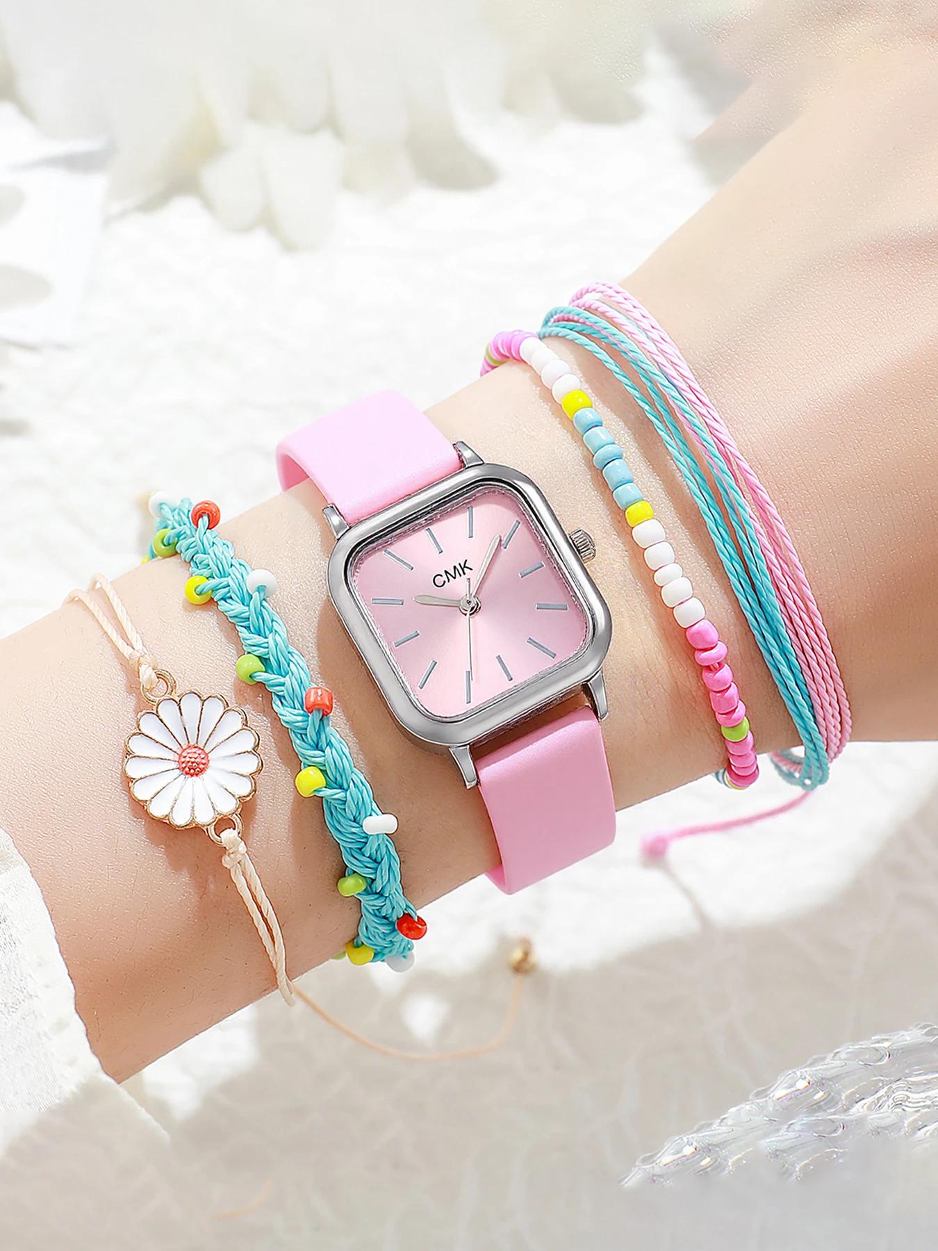 

Simple and Fashionable Square Alloy Dial Leather Strap Women s Quartz Watch Colorful Bracelet Set of 5 for Christmas and Thanksg розовый