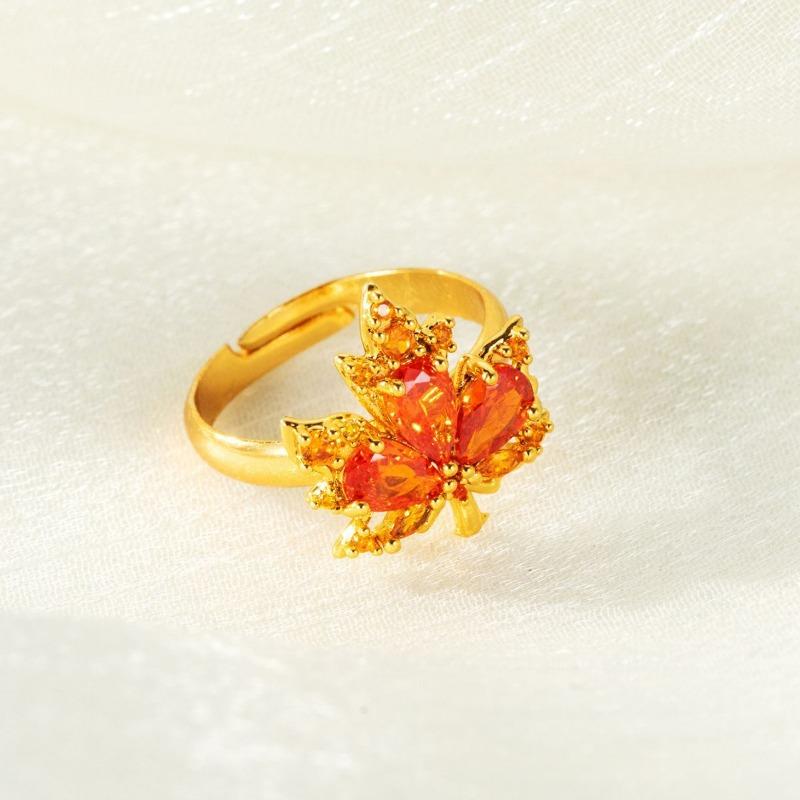 Korean Trend Red Zircon Maple Leaf Opening Adjustable Rings for Women Fashion Gold Color Statement Ring Jewelry Party Accessories