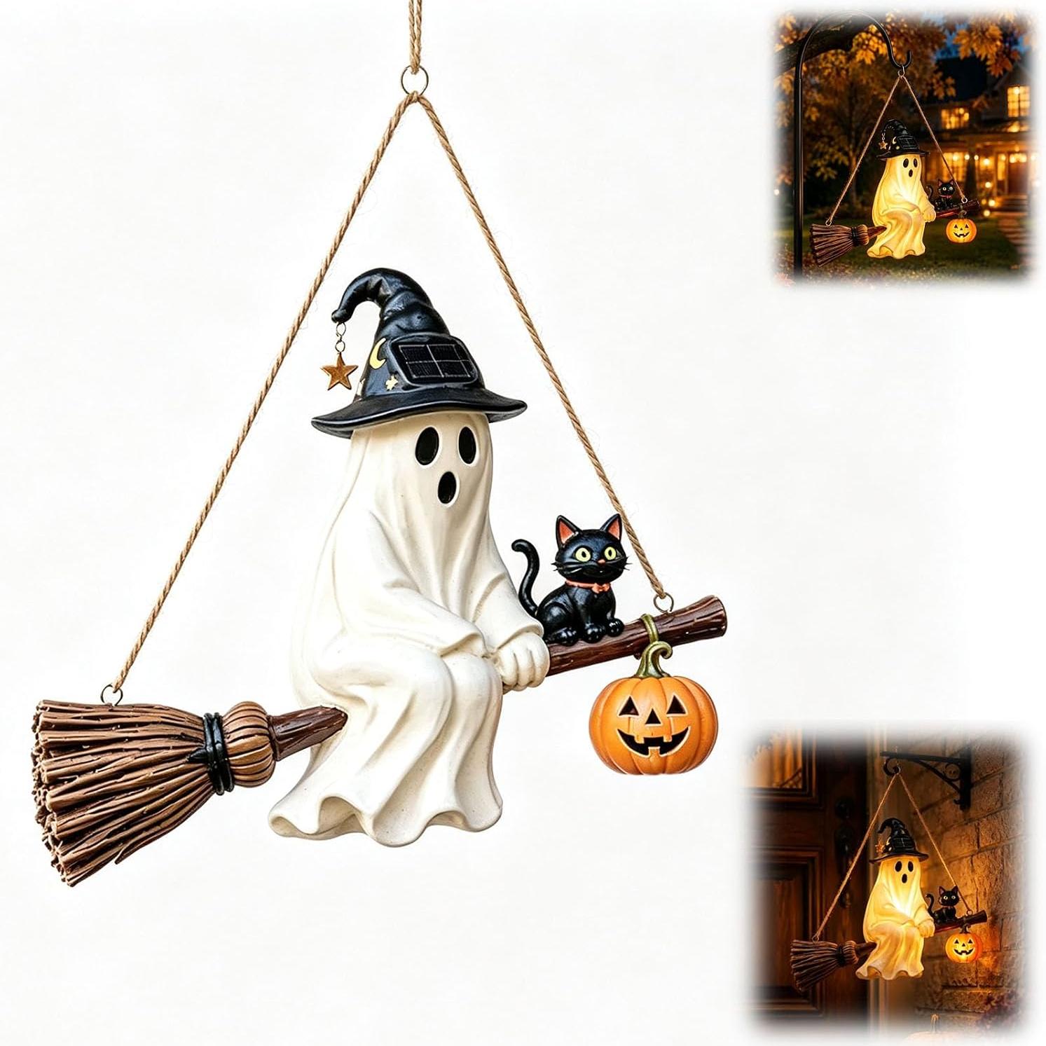Halloween Solar Geister Hängeleuchte Hexe Geist auf Besen mit Schwarzer Katze Kürbis Außen Wasserdichte LED Dekorationen für Veranda Hof Garten Baum 1PCS black