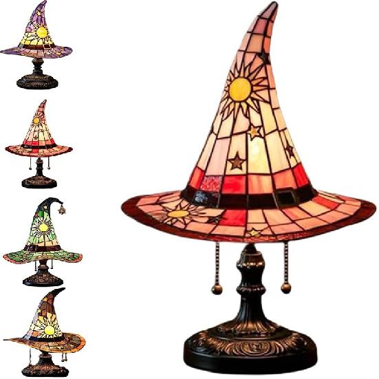 Witch Hat Lamps, Stained Glass Witch Hat Lamp with Mystical Charm, Lamps Stained Glass, Handmade Shape Gothic Lamp for Wiccans and Halloween Lovers,