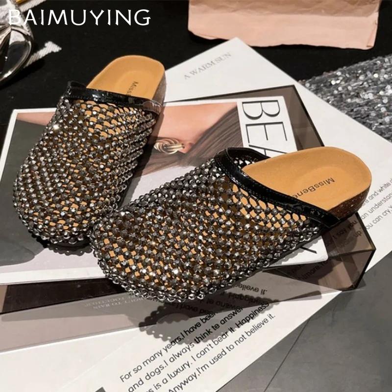 Fashion Crystal Women Flats Slippers Casual Fashion Mules Shoes Slingback Women's Sandals Summer 2025 New Trend Beach Woman Flip Flops