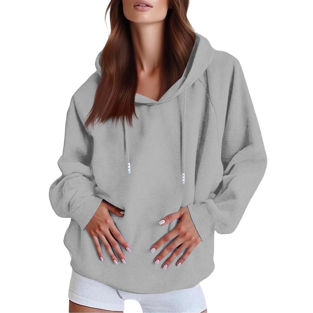 Sudadera con Capucha Oversized de Mujer a la Moda Casual de Color Sólido con Hombro Caído y Manga Larga con Cordón