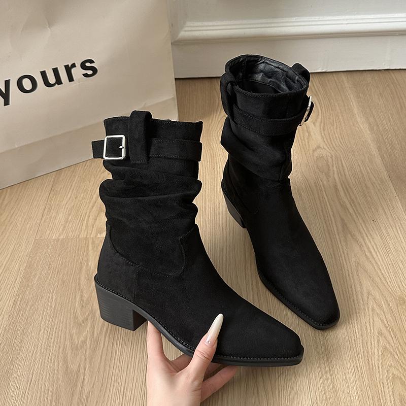 Autumn Winter Suede Pointed Toe Women Ankle Boots Fashion Slip On Thick Heel Shoes Ladies Elegant Slim Short Booties