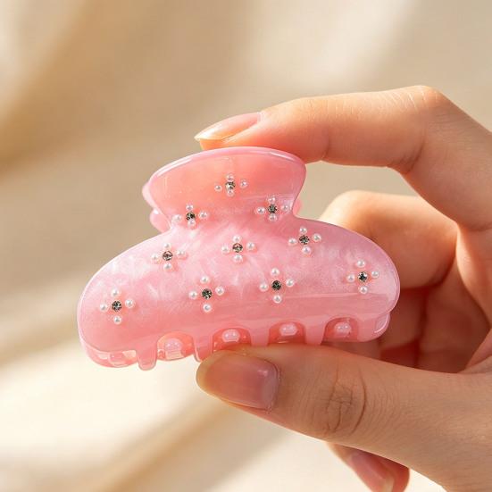 Hair Claw No Slipping Strong Grip Medium Size Back Head Hair Clip Rhinestone Imitation Pearl Flower Pattern Shark Hair Claw