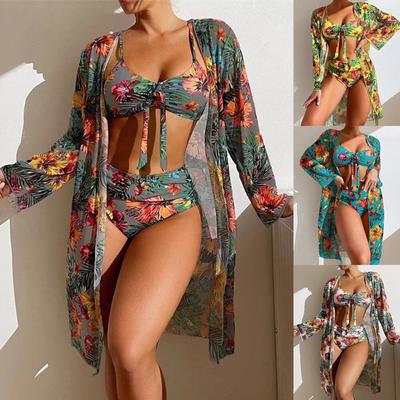 New Swimsuit Printed Blouse Three-piece Set for Women's Bikini