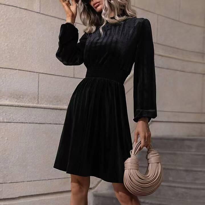 

Весенне-осенняя мода Темперамент воротник однотонный бархат длинные рукава платья S чёрный